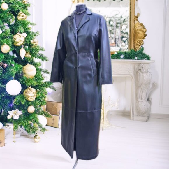 Gorgeous Long Floral Embroidered Black Faux Leather Coat Size 10 - Picture 3 of 9
